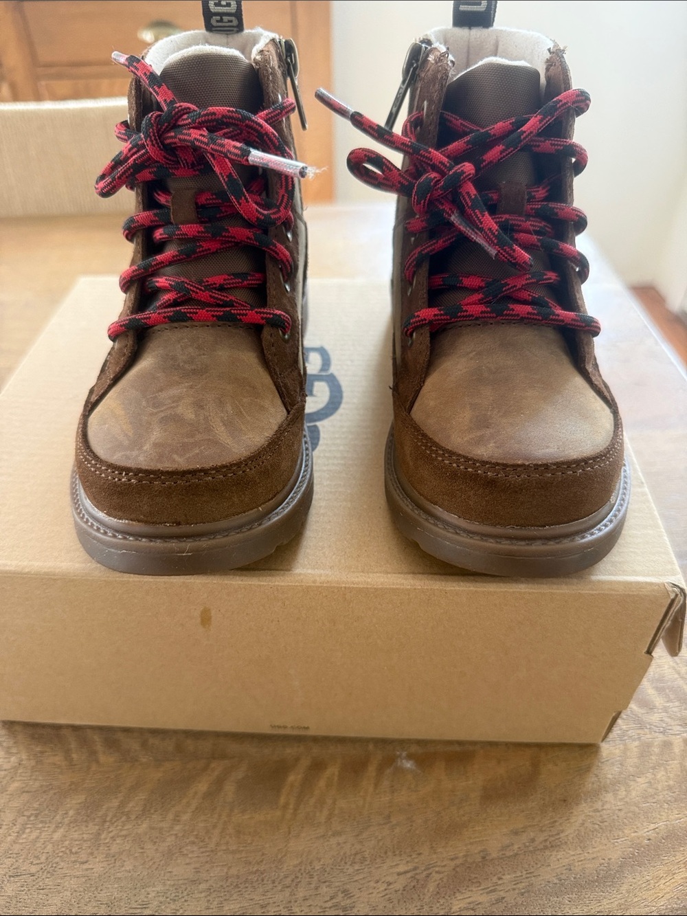 UGG Kids Brown Suede Boots with Red-Black Laces